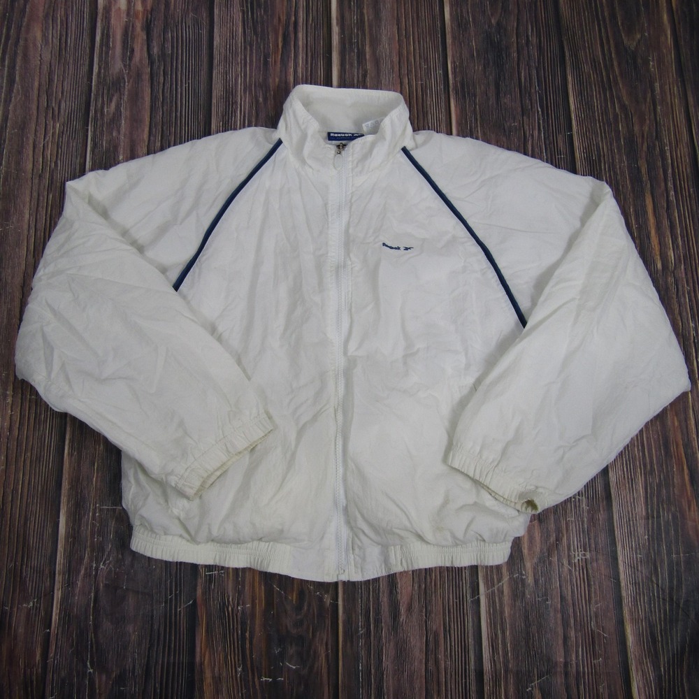 Reebok Jacket Womens Medium White Nylon Windbreaker Full Zip Piping Lightweight